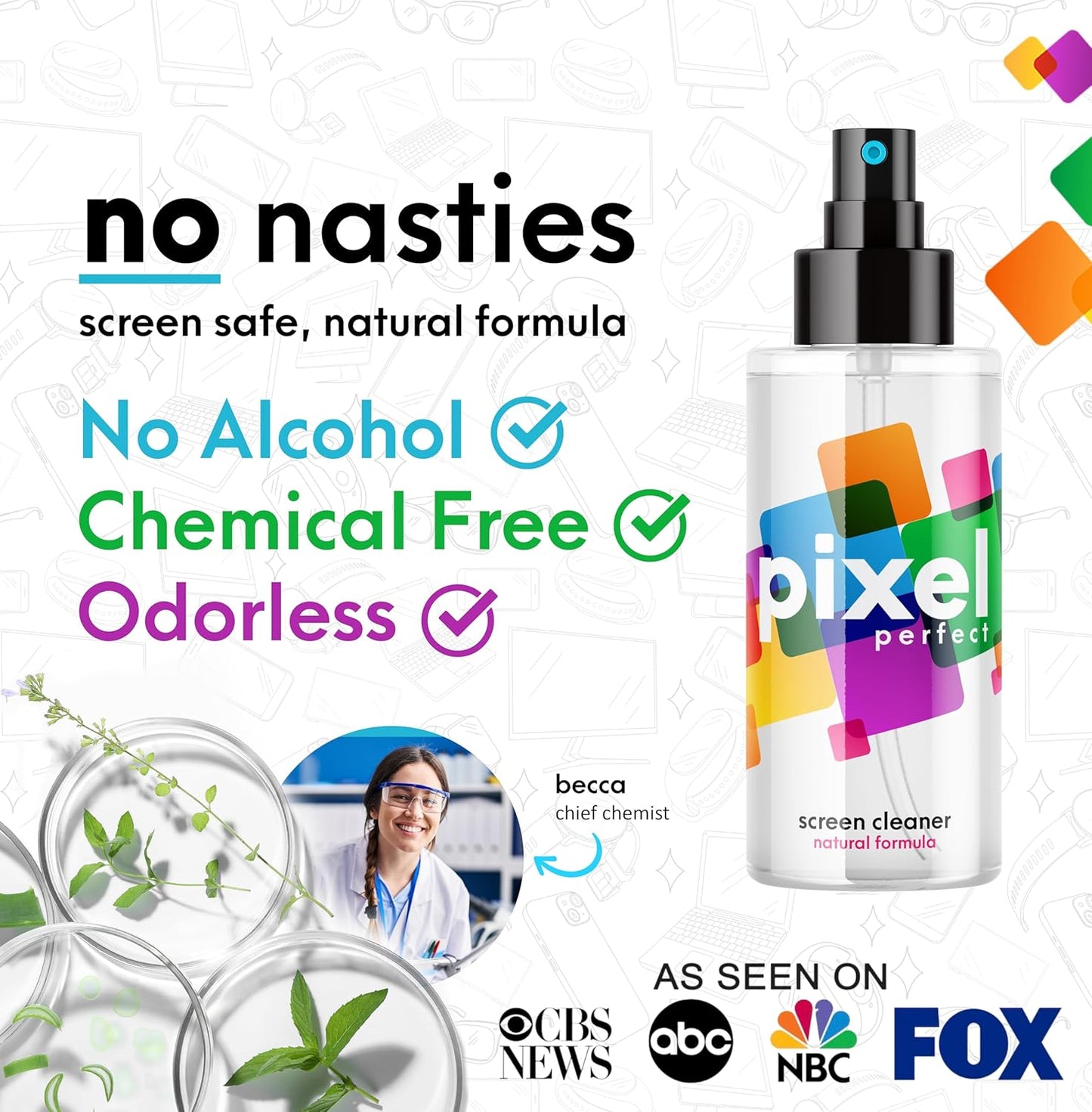 Pixel Perfect | 4.2oz | Screen Cleaner Kit, for TV, Laptops, Computers, Monitors, Phones, Tablets | 120ml Cleaning Kit, Premium Natural Spray