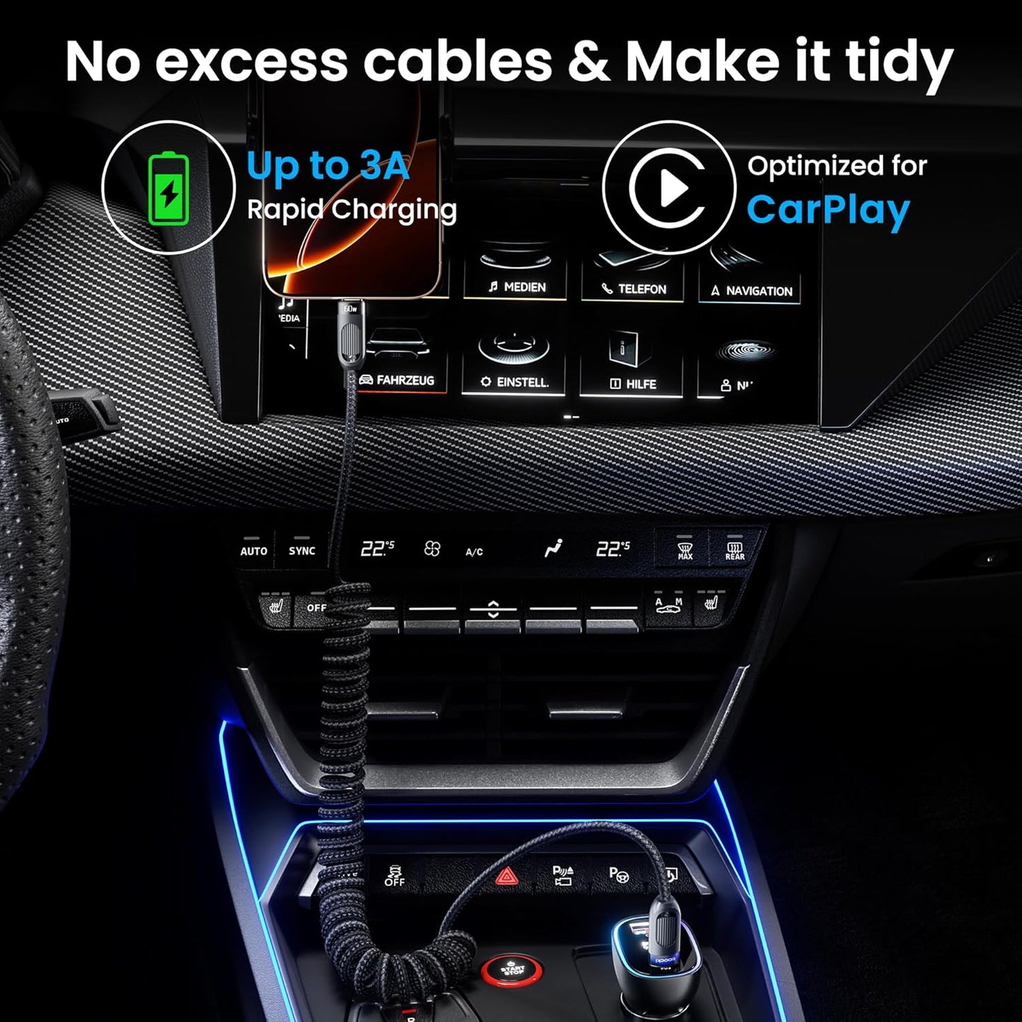 Coiled USB A to USB C 2Pack 3FT Braided Retractable Fast Charging Cable for Car, Compatible with iPhone 16/15 Pro Max/Galaxy S24/S23/S22, Supports Car Play & Android Auto-Black