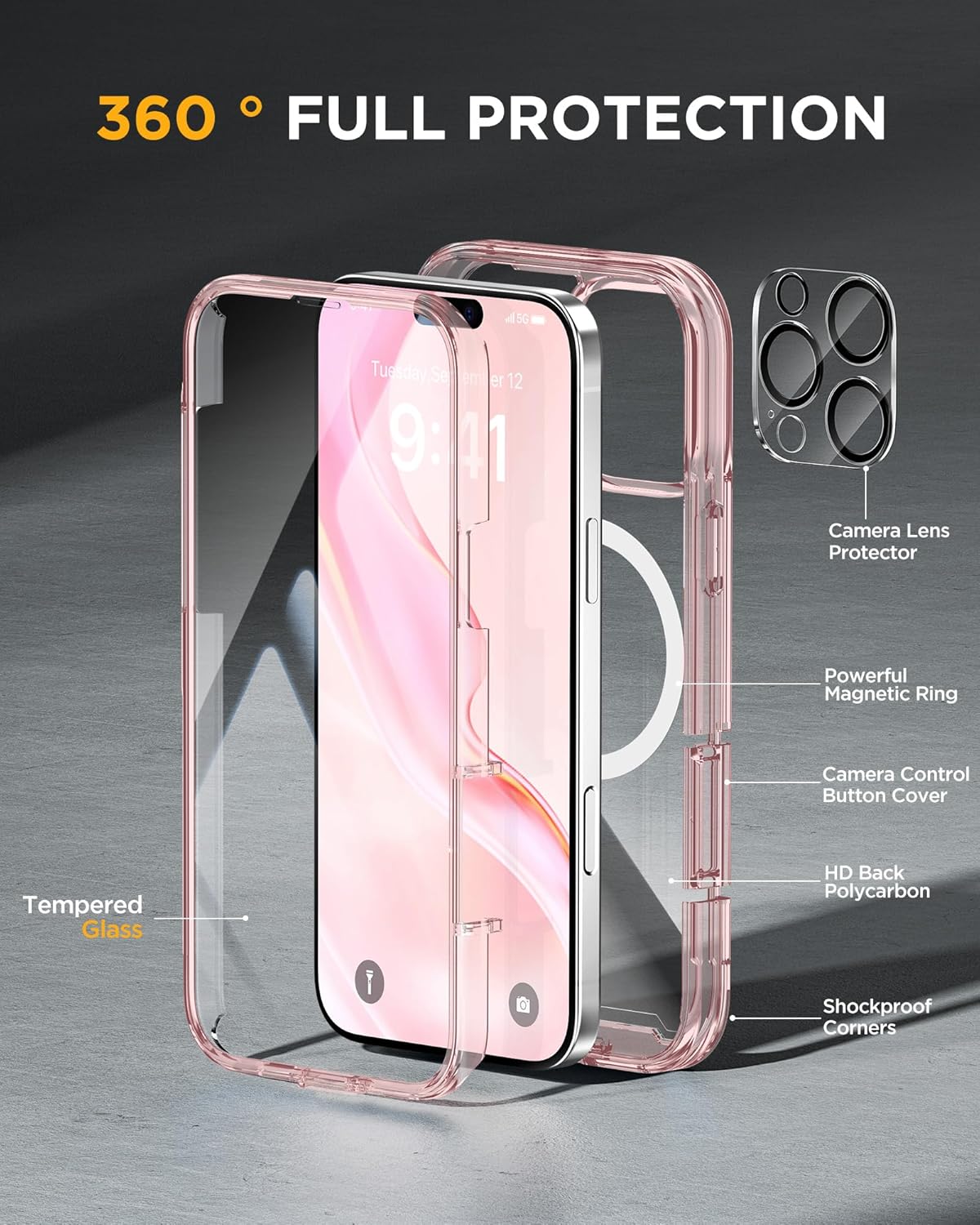 Miracase for iPhone 16 Pro Case Full-Body Phone with Built-in Glass Screen Protector, [Compatible with MagSafe] Military Drop Proof 16 Pro Cover Bumper 6.3 inch, Clear Pink