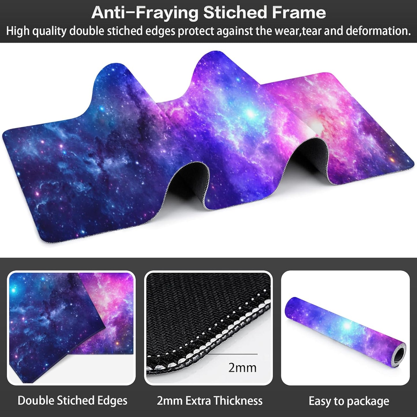 Deep Universe Space and Stars Desk Mat,Large Galaxy Space Gaming Keyboard Mouse Pad,Non-Slip Rubber Base Desk Pad Thick Stitched Edges Waterproof Mousepad Mouse Mat 31.5"x11.8"