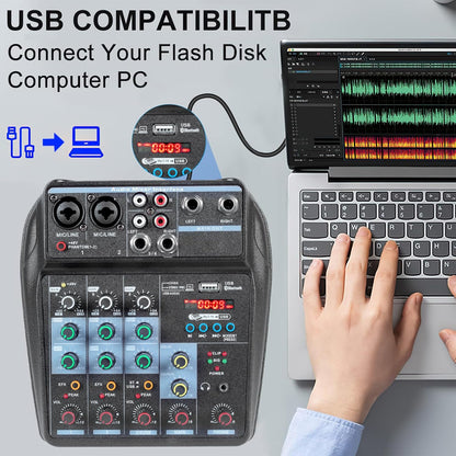 Dj Mixers 4 Channel Audio Mixer Sound Board with Bluetooth, Portable Usb Audio Interface with 48V Phantom Power Small Sounds Mixer Board with FX Delay Effect for Streaming