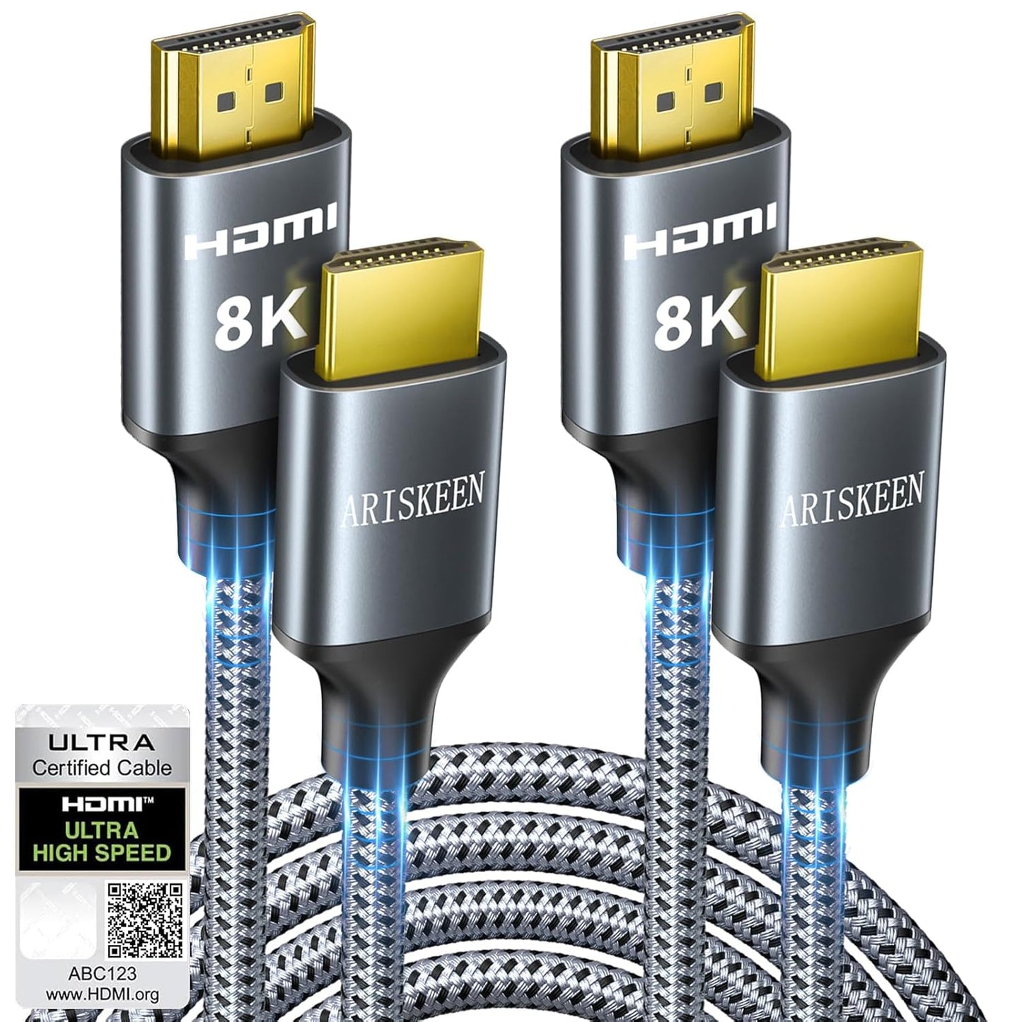 ARISKEEN 8K HDMI Cable 6FT 2-Pack, 48Gbps High Speed HDMI 2.1 Cable, 8K 60Hz, 4K 120Hz 144Hz Support for HDR 10, HDCP 2.2 2.3, eARC, DTS:X, Braided HDMI Cord Compatible with Laptop/HDTV - 6 Feet