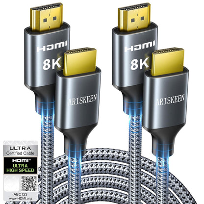 ARISKEEN 8K HDMI Cable 6FT 2-Pack, 48Gbps High Speed HDMI 2.1 Cable, 8K 60Hz, 4K 120Hz 144Hz Support for HDR 10, HDCP 2.2 2.3, eARC, DTS:X, Braided HDMI Cord Compatible with Laptop/HDTV - 6 Feet