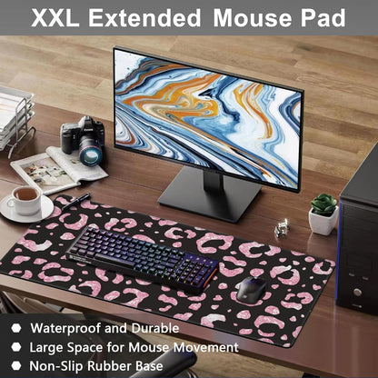 Mouse Pad, Large Rose Pink Leopard Printings Desk Mat, Extended Non-Slip Gaming Keyboard Mousepad Desk Pad, Thick Stitched Edges Waterproof Mouse Mat 31.5"x15.7" (Glittery Leopard Prints)