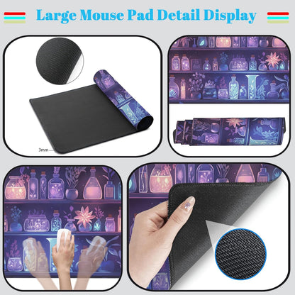 Cute Cozy Purple Gaming Desk Mat, Mystical Potion Bottles Mouse Pad XXL Large Extended Aesthetic Apothecary Shelf Desk Pad, Fun Computer Desktop Pad Mat Laptop Keyboard and Mouse Mat 31.5x15.7 in