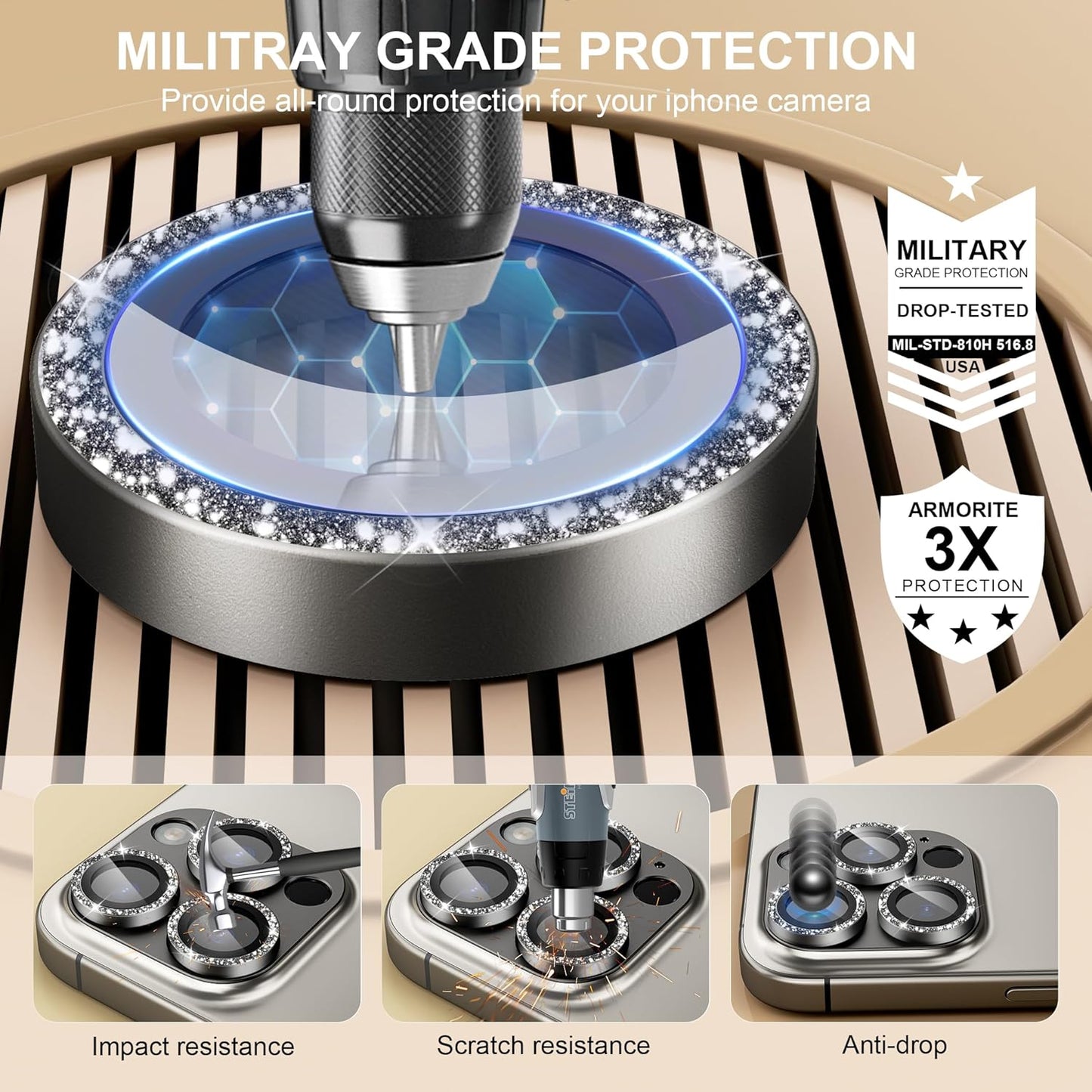 beuxece Compatible for iPhone 16 Pro/iPhone 16 Pro Max Camera Lens Protector, Bling Metal Tempered Glass Camera Screen Cover Accessories [Strong Adsorption][Case-Friendly]- Glitter Titanium Natural