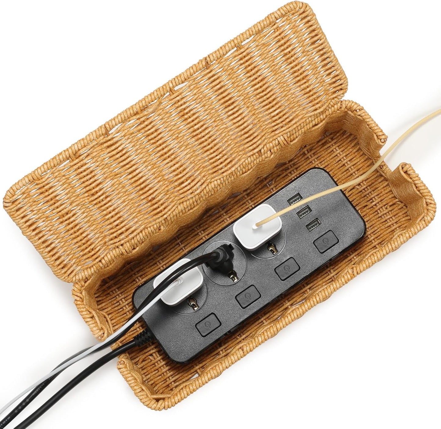 Delamu Handmade Rattan Cable Management Box, Cord Organizer with 2 Open Slots, Desk Cord Box Hider for Computer Router USB Hub Power Strip, 12.5" Lx 5.1" Wx 5.1" H, Natural