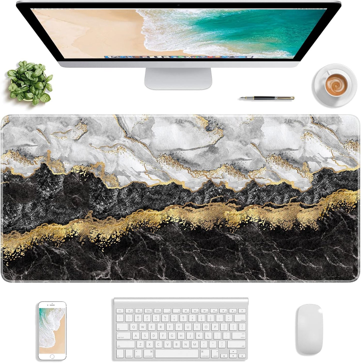 Extended Gaming Mouse Pad, XXL Large Mouse Mat 30 x 14 Inch, Big Computer Keyboard Mousepad, Waterproof Desk Pad with Stitched Edges and Non-Slip Base for Office Gaming, Black Cracked Marble