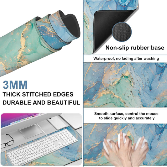 Gaming Desk Pad Large Extra Length Fluid Art Marble Mouse Pad Keyboard Laptop Non-Slip Waterproof with Rubber Base Thick Stitched Edge Mouse Mat for Office Home 35.4 x 15.7 Inches
