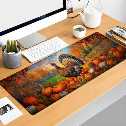 Autumn Turkey Gaming Mouse Pad, Pumpkin and Fall Leaf Mousepads for Gaming Home Office Work, Extended Mats Computer Keyboard Laptop, 31.5×11.8 Inch Large Desk Mat with Non-Slip Rubber Base