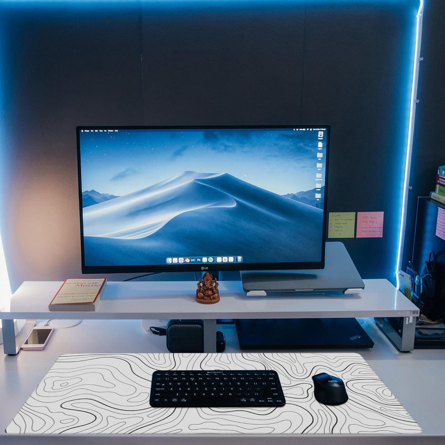 Desk Mat,White Topographic Contour Map Desk Pad,Topographic Contour Large Gaming Mouse Pad for Desk,Extended Big Computer Keyboard Mouse Pad with Non-Slip Base and Stitched Edge,35.4"x15.7"