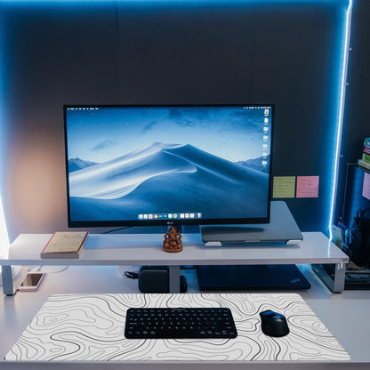 Desk Mat,White Topographic Contour Map Desk Pad,Topographic Contour Large Gaming Mouse Pad for Desk,Extended Big Computer Keyboard Mouse Pad with Non-Slip Base and Stitched Edge,35.4"x15.7"