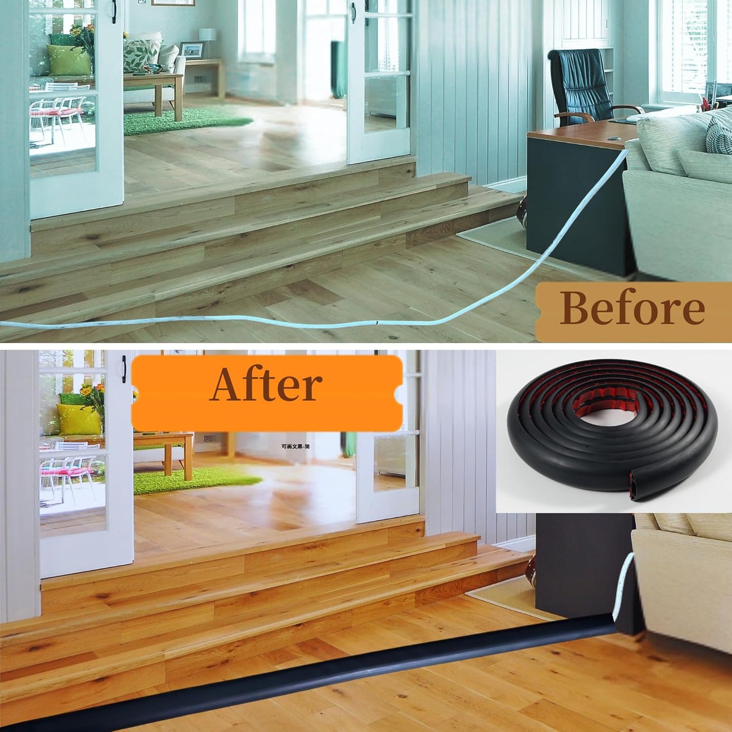 3.3ft Self Adhesive Floor Cord Cover,Heavy Duty Soft PVC Cable Protector and Extension Cord Hider,Cord Management System to Hide Wires on Floor,Cable Cavity:0.61" (W) x 0.32" (H) Black