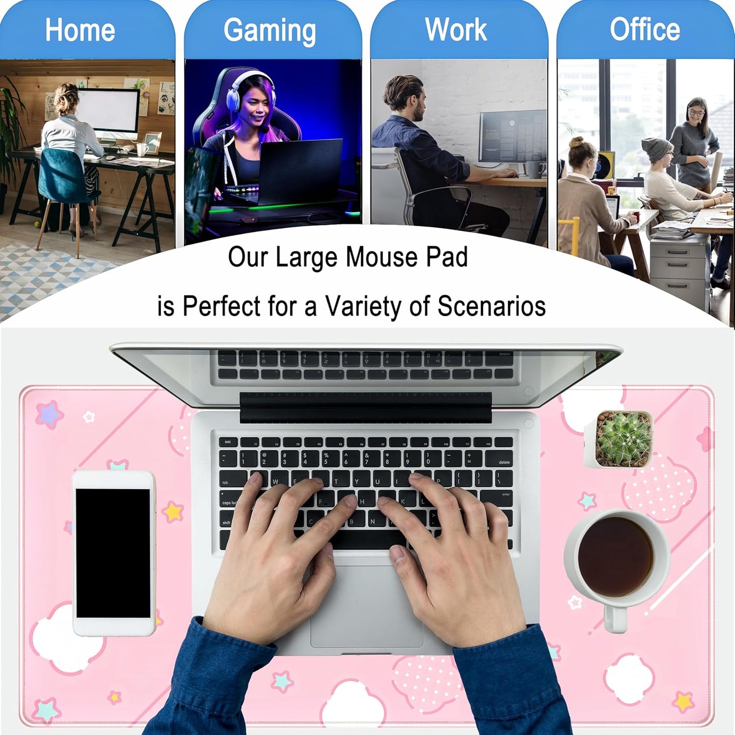 Pink Mouse Pad Large Desk Mat Gaming, Kawaii Desk Pads Stars Mouse Mat XXL Cute Keyboard Pad, Laptop Computer Mat with Non-Slip Base & Stitched Edges, Office Decor for Women 31.5" x 15.7"