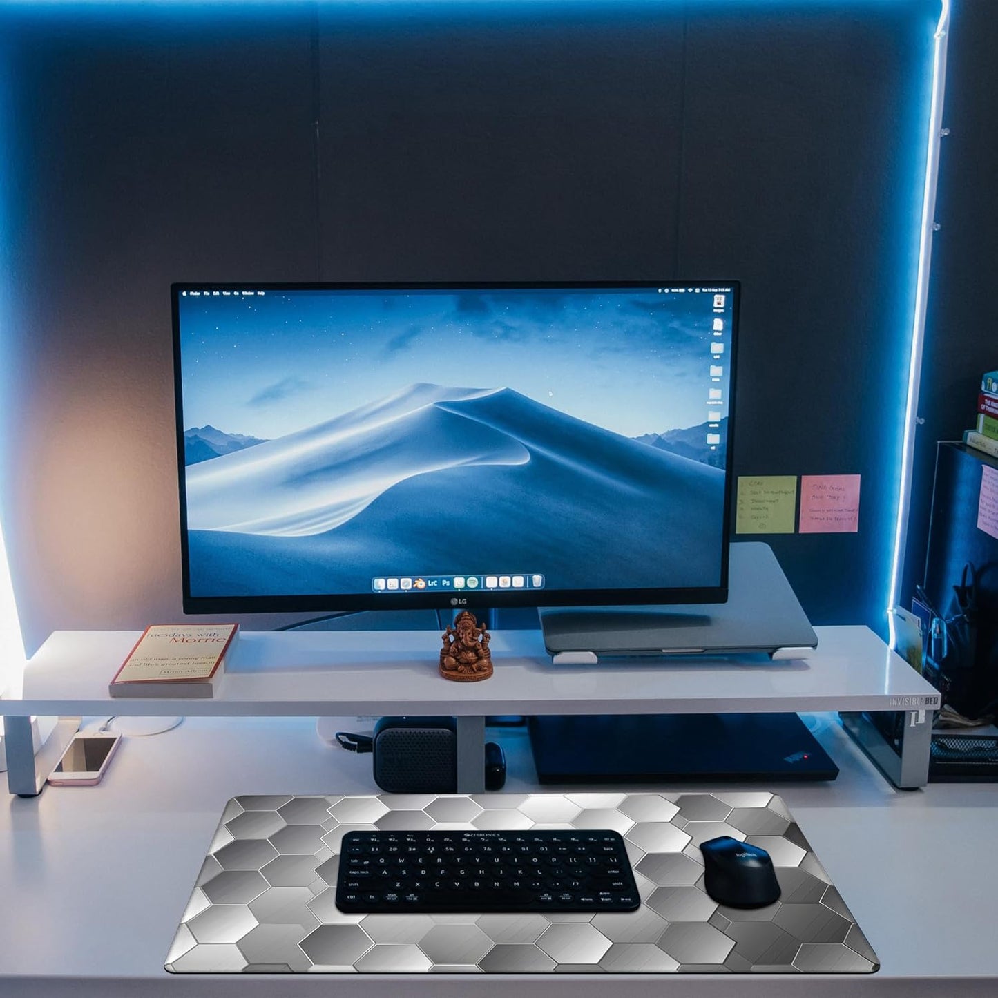 Large Gaming Mouse Pad for Desk, Silver Technology Honeycomb Desk Mat, Sci-Fi Honeycomb Desk Pad, 31.5"x15.7" Extended Big Computer Keyboard Mouse Pad with Non-Slip Base and Stitched Edge