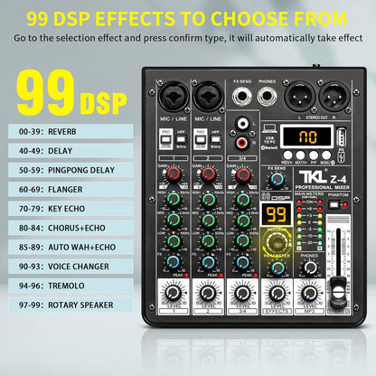 4 Channel Audio Mixer, Professional DJ Mixer Sound Board Mixing Console with 99-Bit DSP Effect, Bluetooth USB Interface Stereo Mixer Board with 48V Phantom Power For Recording Live Stream