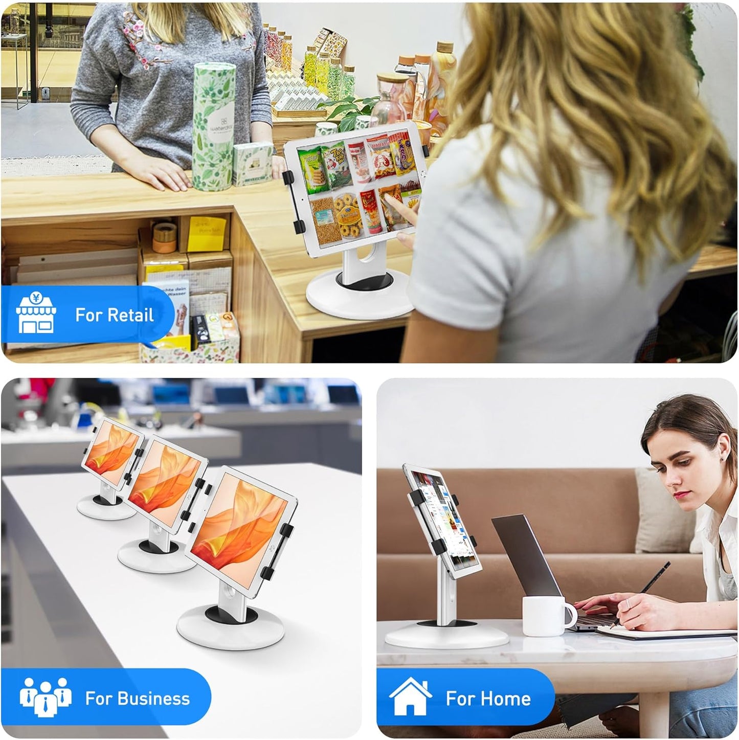 AboveTEK Retail Kiosk iPad Stand, 360° Rotating Commercial POS Tablet Stand, Fits 6"-13" (Screens) iPad mini Pro-Business Swivel Tablet Holder, for Store Office Reception Kitchen Desktop (White)