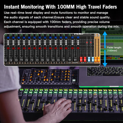 Professional Audio Mixer, 12 Channel Sound Board Mixing Console, Dual DSP Reverb Studio Mixer Board, Dual 7-Band EQ, 48V Phantom Power, 4 Group Stereo Output Input, PAD