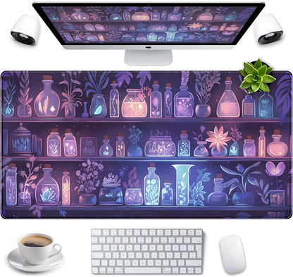 Cute Cozy Purple Gaming Desk Mat, Mystical Potion Bottles Mouse Pad XXL Large Extended Aesthetic Apothecary Shelf Desk Pad, Fun Computer Desktop Pad Mat Laptop Keyboard and Mouse Mat 31.5x15.7 in