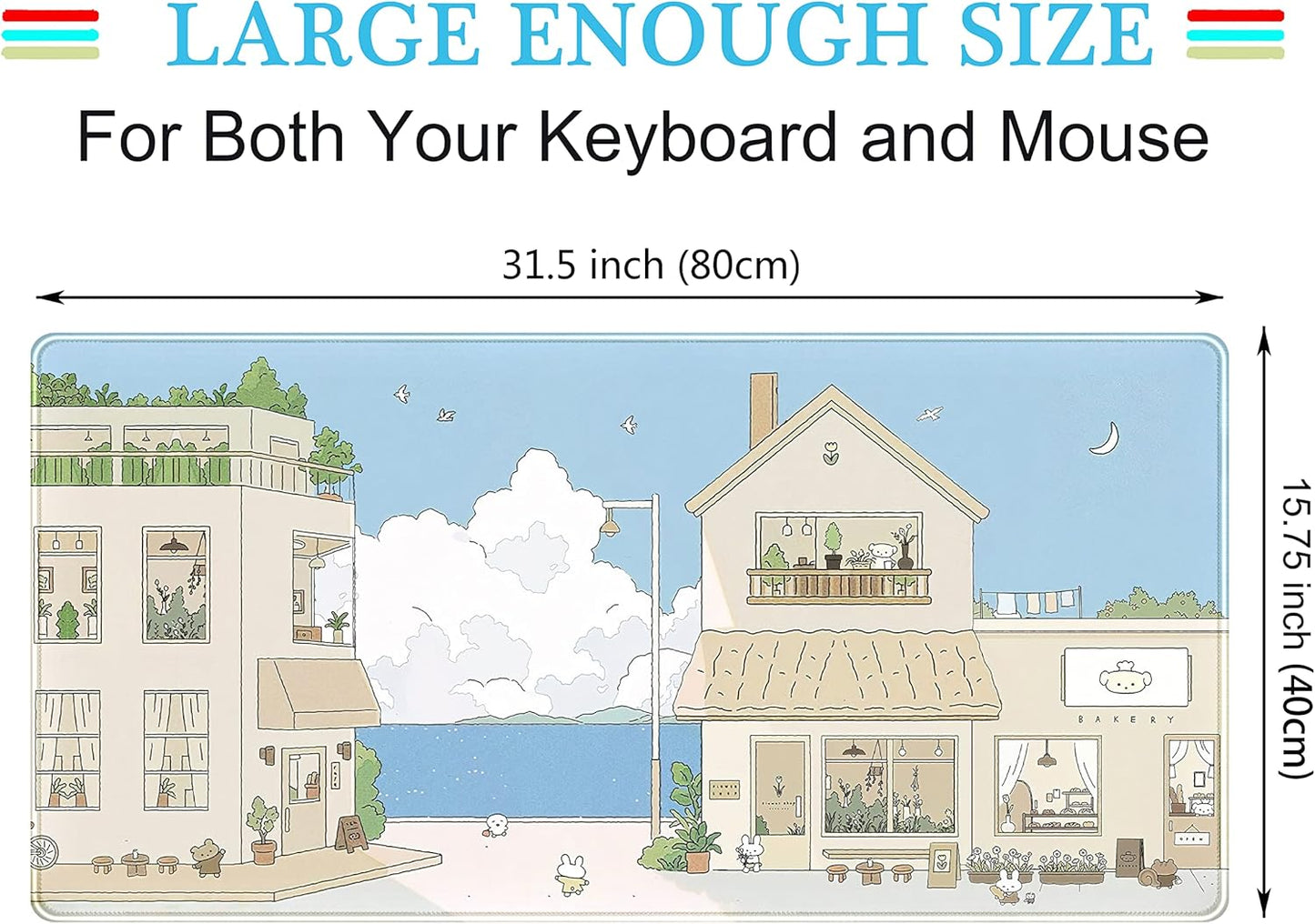 Cute Desk Mat Kawaii Mousepad Japanese Street Mouse Pad, Blue and Brown Cute Anime Keyboard Mat 31.5"x15.75", Large Mouse Pad XXL Gaming Desk Pad XL Office Decor for Women Girls Laptop Keyboard Pad