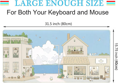 Cute Desk Mat Kawaii Mousepad Japanese Street Mouse Pad, Blue and Brown Cute Anime Keyboard Mat 31.5"x15.75", Large Mouse Pad XXL Gaming Desk Pad XL Office Decor for Women Girls Laptop Keyboard Pad