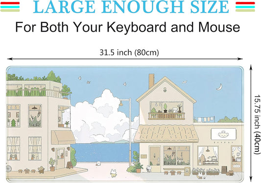 Cute Desk Mat Kawaii Mousepad Japanese Street Mouse Pad, Blue and Brown Cute Anime Keyboard Mat 31.5"x15.75", Large Mouse Pad XXL Gaming Desk Pad XL Office Decor for Women Girls Laptop Keyboard Pad