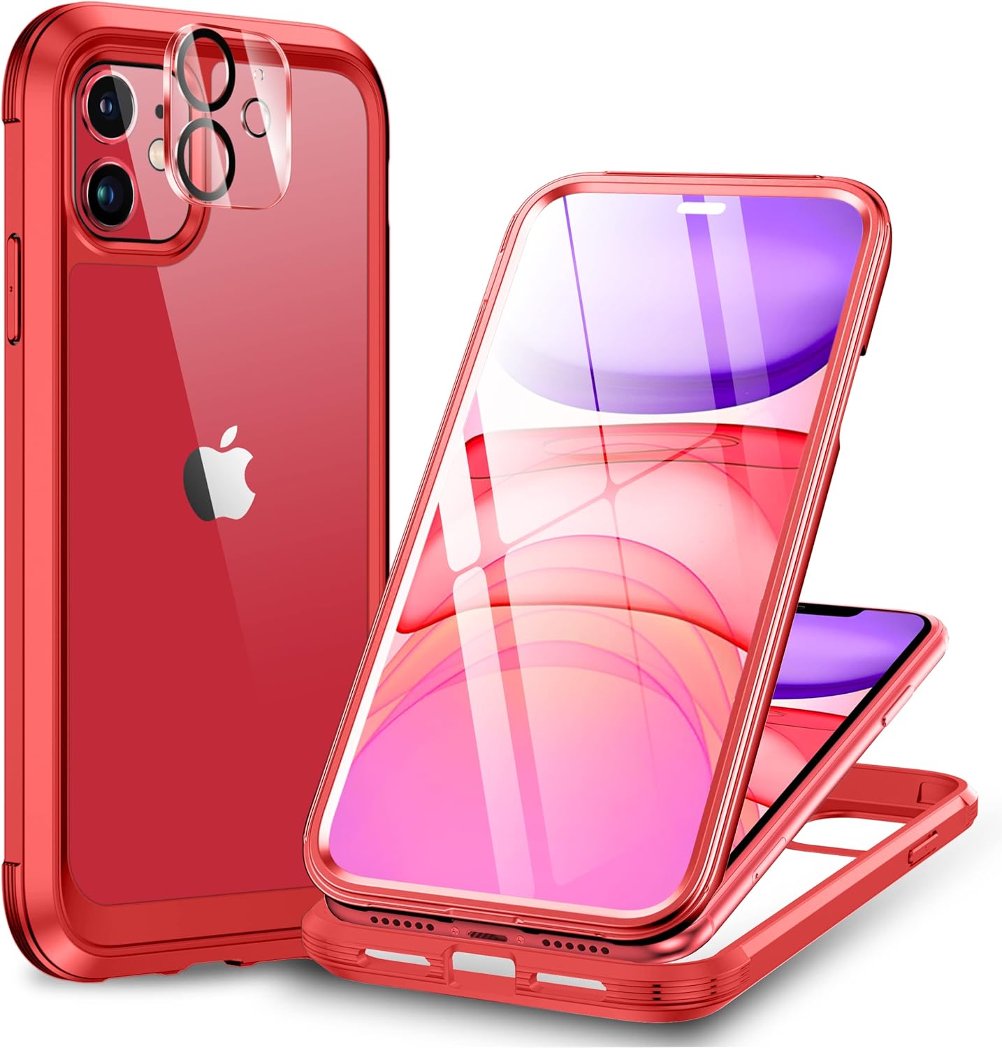 Miracase Glass Series for iPhone 11 Case 6.1 inch, Upgraded Full-Body Rugged Phone Bumper Case Cover with Built-in 9H Tempered Glass Screen Protector and Camera Protector, Red