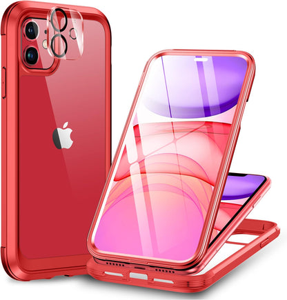Miracase Glass Series for iPhone 11 Case 6.1 inch, Upgraded Full-Body Rugged Phone Bumper Case Cover with Built-in 9H Tempered Glass Screen Protector and Camera Protector, Red