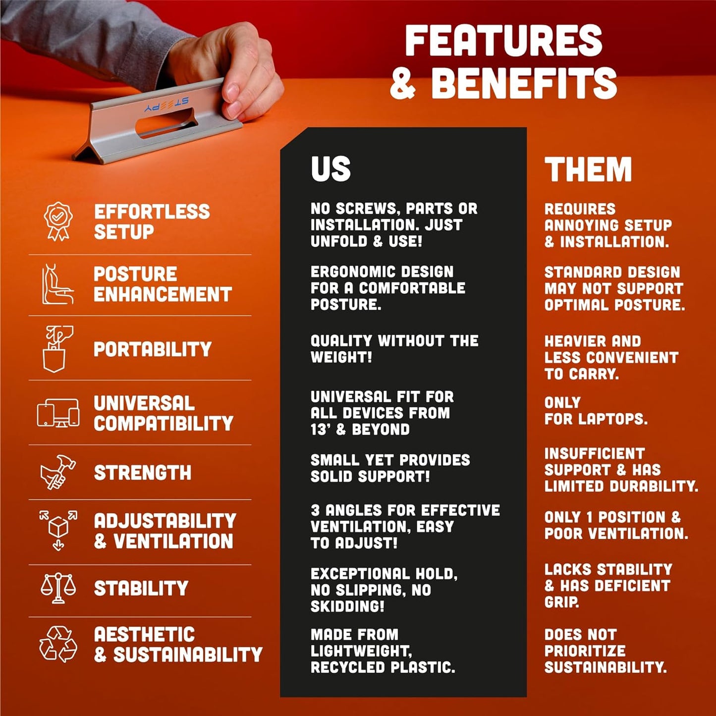 Steepy Laptop Stand for Desk - 3 Heights Computer Riser for Laptop - Adjustable Desk Laptop Stand - Computer Stand for Laptop Compatible with Air, Pro, HP, Dell, Smartphones, Tablets up to 15“ (Gray)