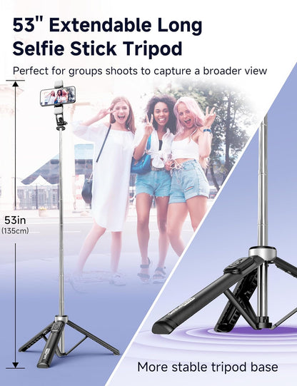 53'' Selfie Stick Tripod with Light, Extendable Selfie Stick with Remote, Portable Cell Phone Tripod Stand with All in 1 Phone Clip, Lightweight Camera Tripod Compatible with iPhone 15 14 13, Android