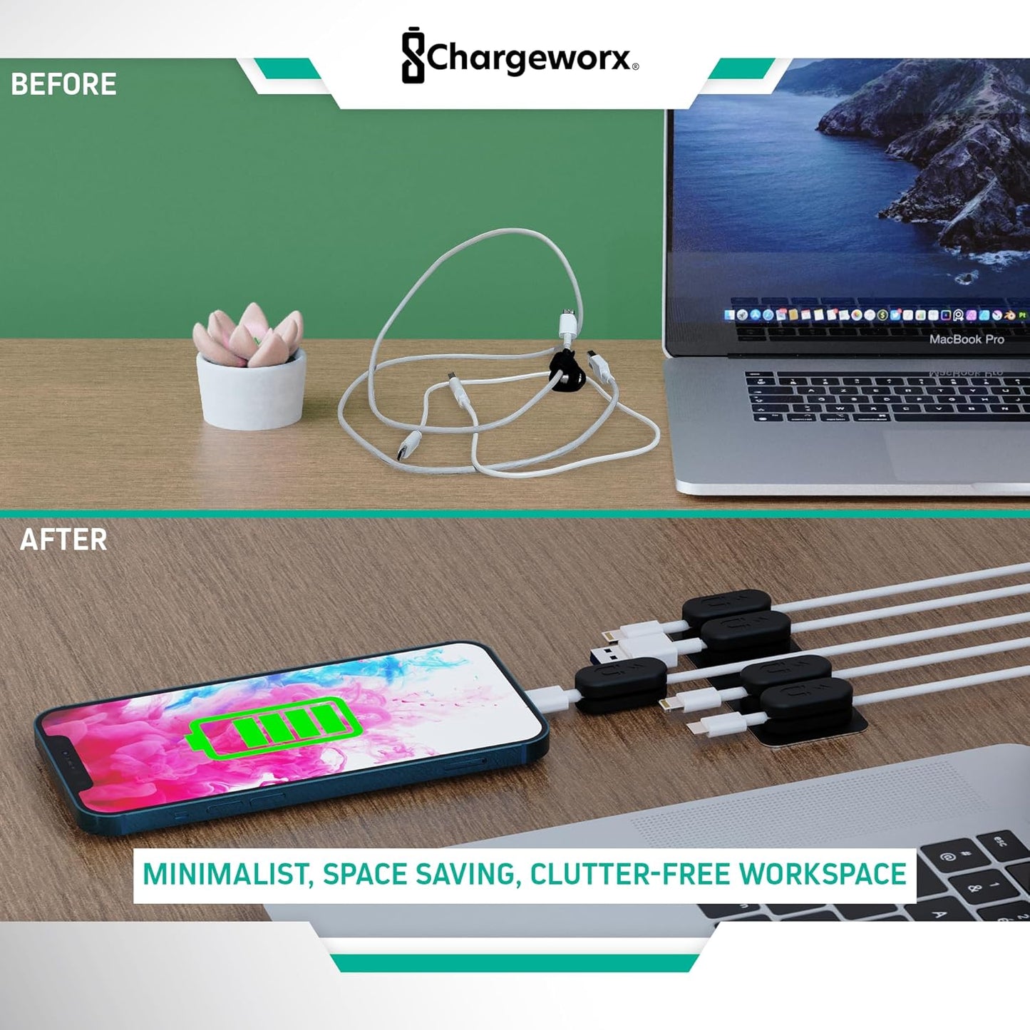 Chargeworx Magnetic Cable Holder for Cable Management – Multipurpose Desktop Cable Management System, 20-PK, Great for USB-C, Lightning, Micro-USB & Other Cables – Sticks to Any Surface (20-PK Black)