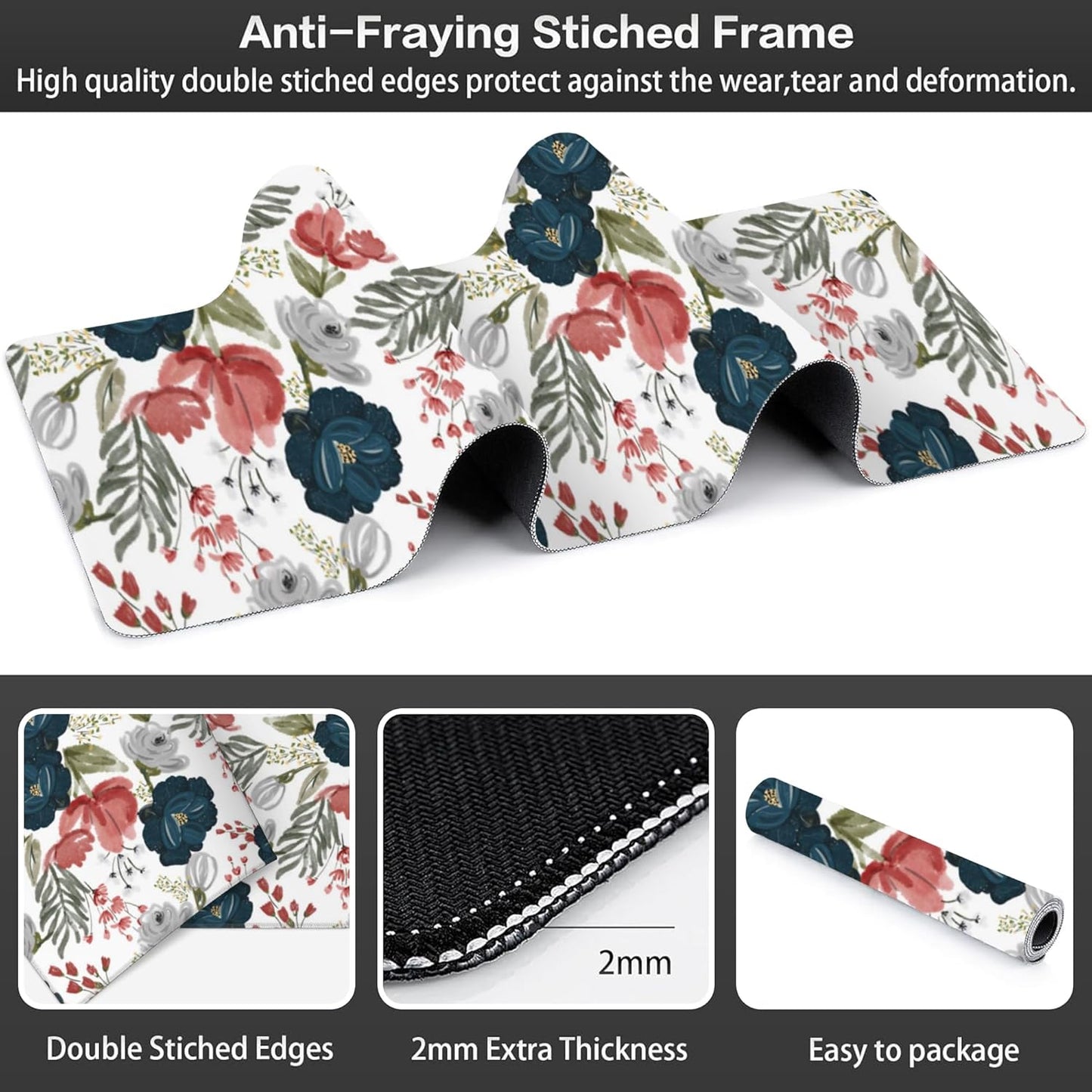 Watercolor Flowers Desk Mat,Large Colorful Floral Gaming Keyboard Mouse Pad,Non-Slip Rubber Base Desk Pad Thick Stitched Edges Waterproof Mousepad Mouse Mat 31.5"x11.8"