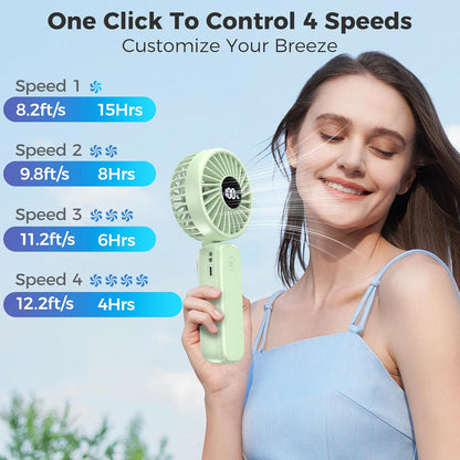 Portable Handheld Fan, 5000mAh Rechargeable Battery, Max 15H Cooling, 4 Speeds, LED Display, Foldable Design, 3-IN-1 Personal Pocket Fan with lanyard for Travel Outdoors Makeup Concert Commute