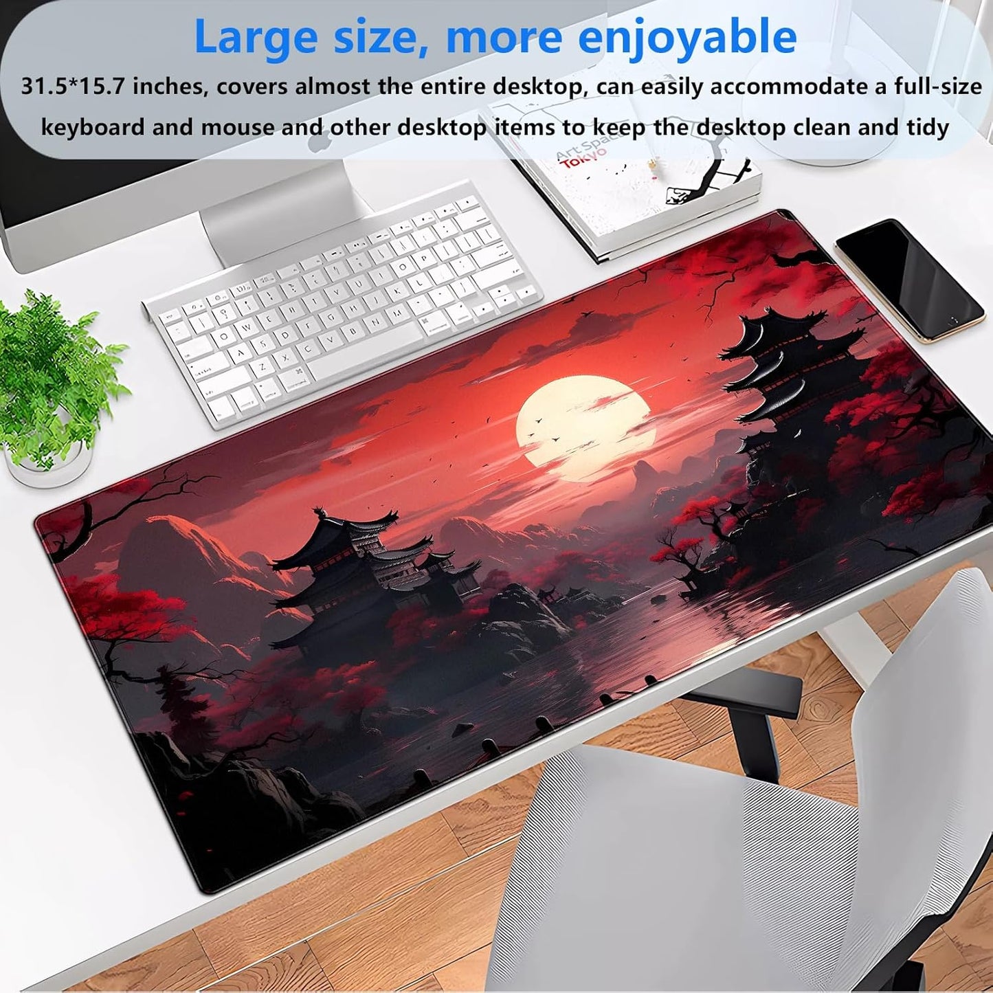 Red and Black Mouse Pad Japanese Desk Mat Gaming Mousepad Extended Large Mouse Pad for Desk 31.5''X15.7'' Red Full Moon Sakura Desk Pad Mat Laptop Computer Mouse Keyboard Mat for Office Desk Decor