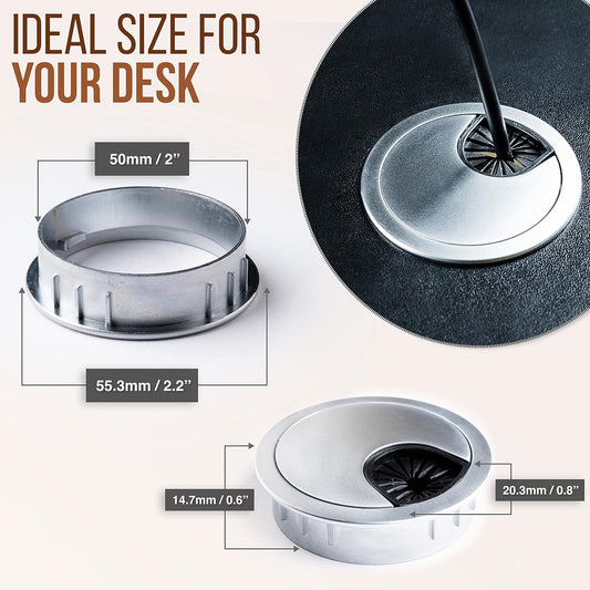 MAHDPRO Metal Desk Grommet 2 Inch (50 mm) Pack of 2-Silver (Pearl Chrome) Zinc Alloy Metallic Desk Cord Hole Cover to Arrange Cables & Wires Through Computer Table