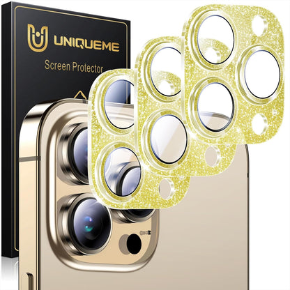 UniqueMe 3 Packs Compatible for iPhone 13 Pro Max/iPhone 13 Pro Camera Lens Protector Acrylic [Not Glass],[Case Friendly][Scratch-Resistant][Night Shooting Mode]-Glitter Golden