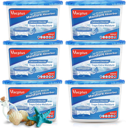 Vacplus Moisture Absorbers 6 Pack, 10.5 Oz Portable Humidity Absorber Boxes for Your Bathroom, Closet & Car, Dehumidifier with Ocean Fragrance, Light Blue