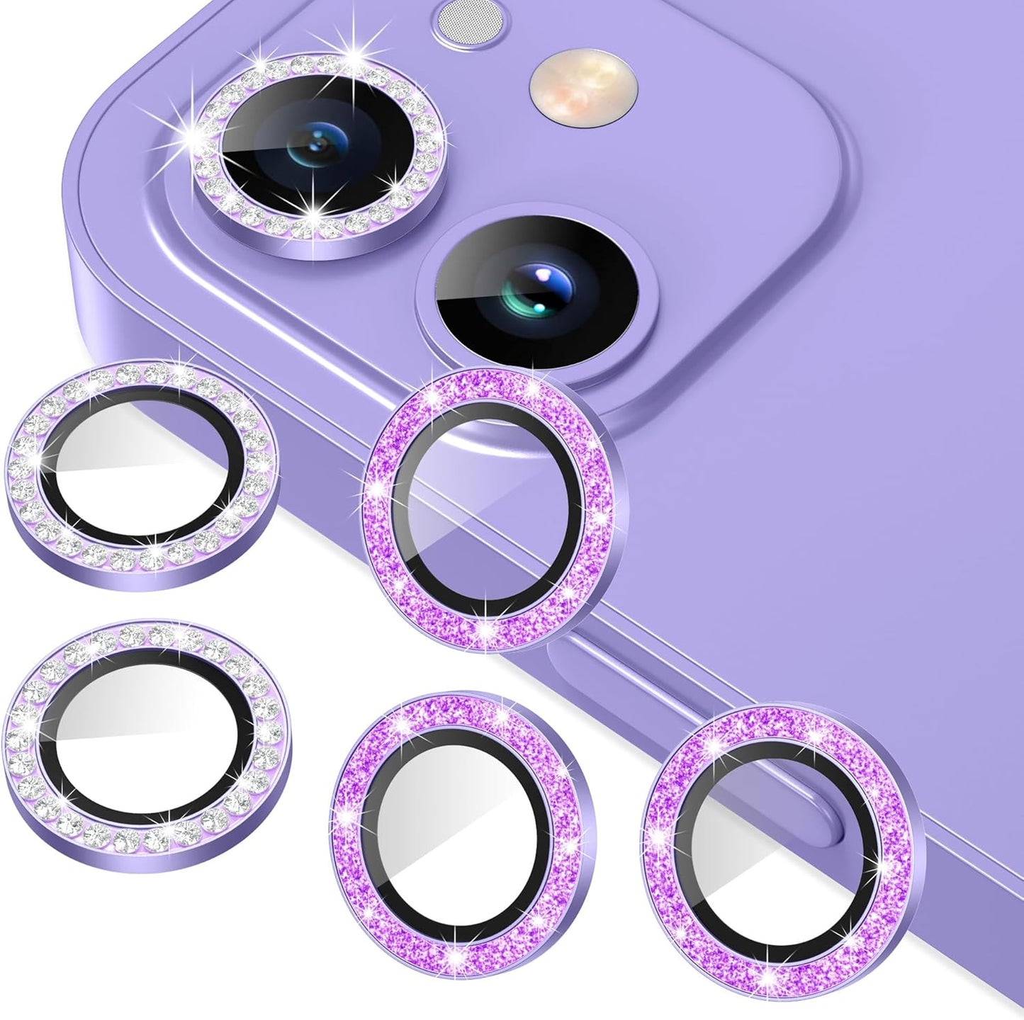 AGVEE 3+3 6 Pack Camera Lens Cover Protector for iphone 12 Series & 11 Series - Bling Diamond & Glitter Metal Ring 9H Tempered HD Glass, Purple