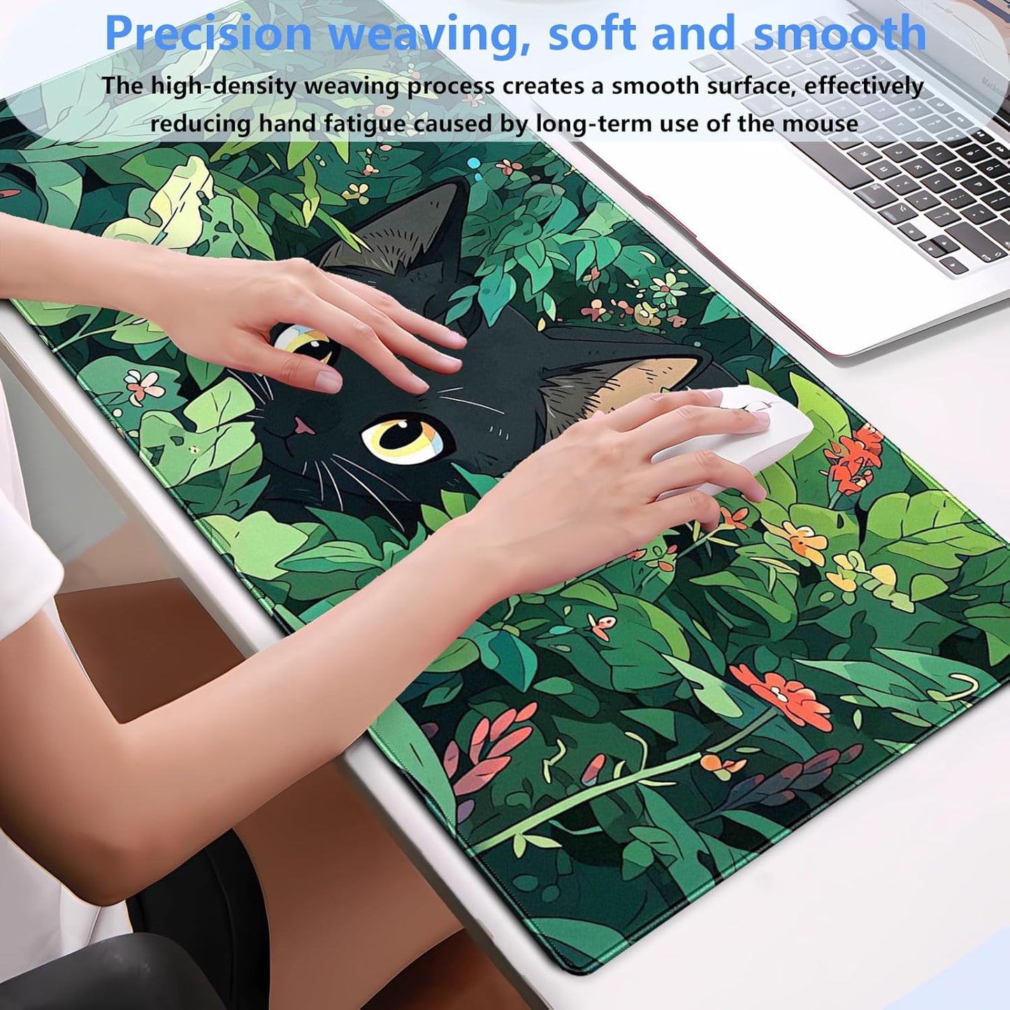 Black Cat Mouse Pad Cute Gaming Mousepad XL Kawaii Computer Mat 31.5 x 15.7 in Full Desk Mouse and Keyboard Pad Green Desk Mat with Stitched Edge Anti-Slip Washable for Office and Home