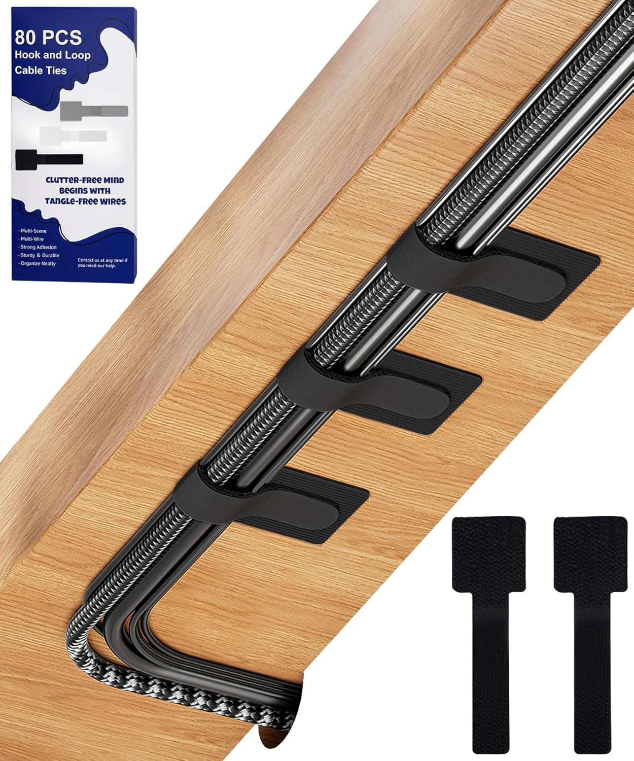 80PCS Hook and Loop Cable Ties, Hook and Loop Cable Straps, Under Desk Cable Management, Adhesive Cable Clips, Sticky-Back Cord Organizer for Desk, Household & Office Organization (Black)