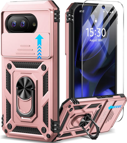 Taisairu for Google Pixel 9A Case with Screen Protector & Slide Camera Lens Cover, Built-in 360°Rotate Magnetic Ring Stand Shockproof Protective Phone Case for Google Pixel 9A Case (Rose Gold)