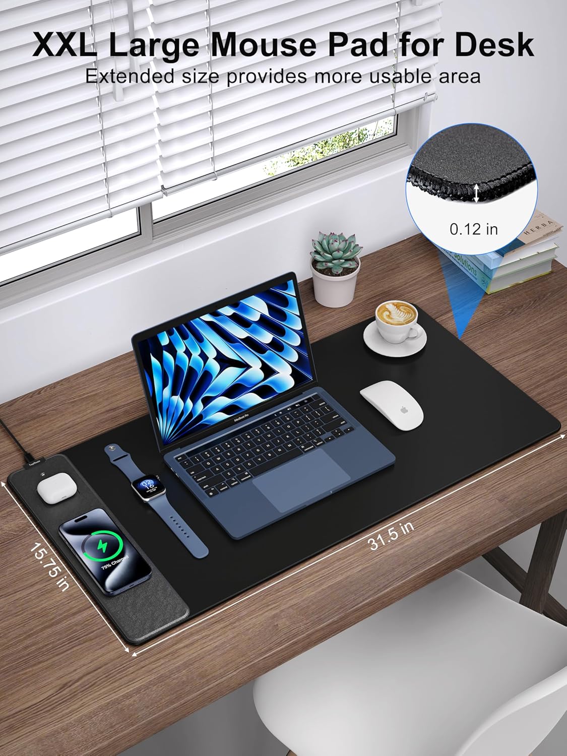 TopMade Mouse Pad with 15W Fast Wireless Charging, 31.5"x15.75" XXL Large Gaming Mousepad, Waterproof Desk Pad, Computer Desk Mat, Black(Includes 20W PD Power Adapter & 6.56ft Woven Cable)