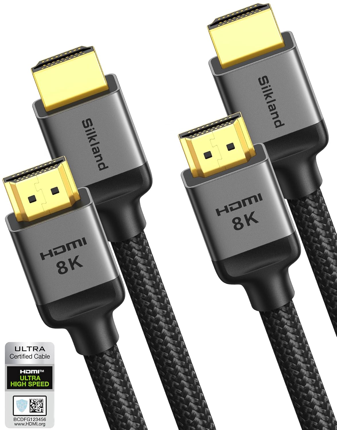 Silkland 10K 8K HDMI 2.1 Cable 2-Pack 3.3FT, Certified Ultra High Speed HDMI 2.1 Cable [8K@60Hz, 4K@120Hz] eARC/ARC, Dolby Atmos Vision, 48Gbps, HDR, HDCP Compatible for Samsung/Vizio/SoundBar/BluRay