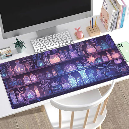 Cute Cozy Purple Gaming Desk Mat, Mystical Potion Bottles Mouse Pad XXL Large Extended Aesthetic Apothecary Shelf Desk Pad, Fun Computer Desktop Pad Mat Laptop Keyboard and Mouse Mat 31.5x15.7 in