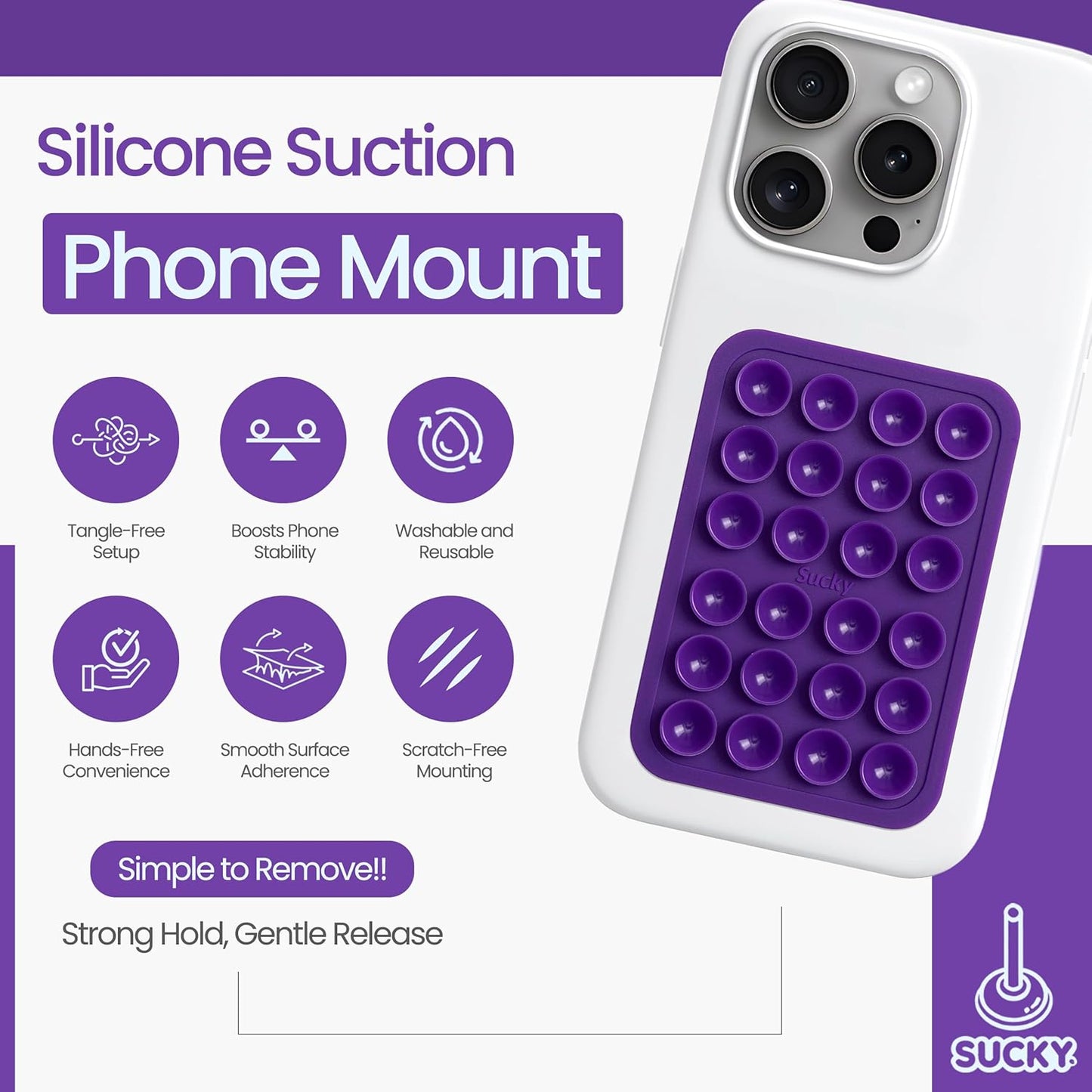 SUCKY Silicone Suction Phone Case Adhesive Mount - Anti-Slip Holder, Hands-Free Fidget Toy, Phone Accessory for iPhone and Android - Sticky Grip for Selfies, Videos, and Tiktok - Purple
