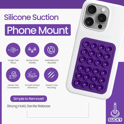 SUCKY Silicone Suction Phone Case Adhesive Mount - Anti-Slip Holder, Hands-Free Fidget Toy, Phone Accessory for iPhone and Android - Sticky Grip for Selfies, Videos, and Tiktok - Purple