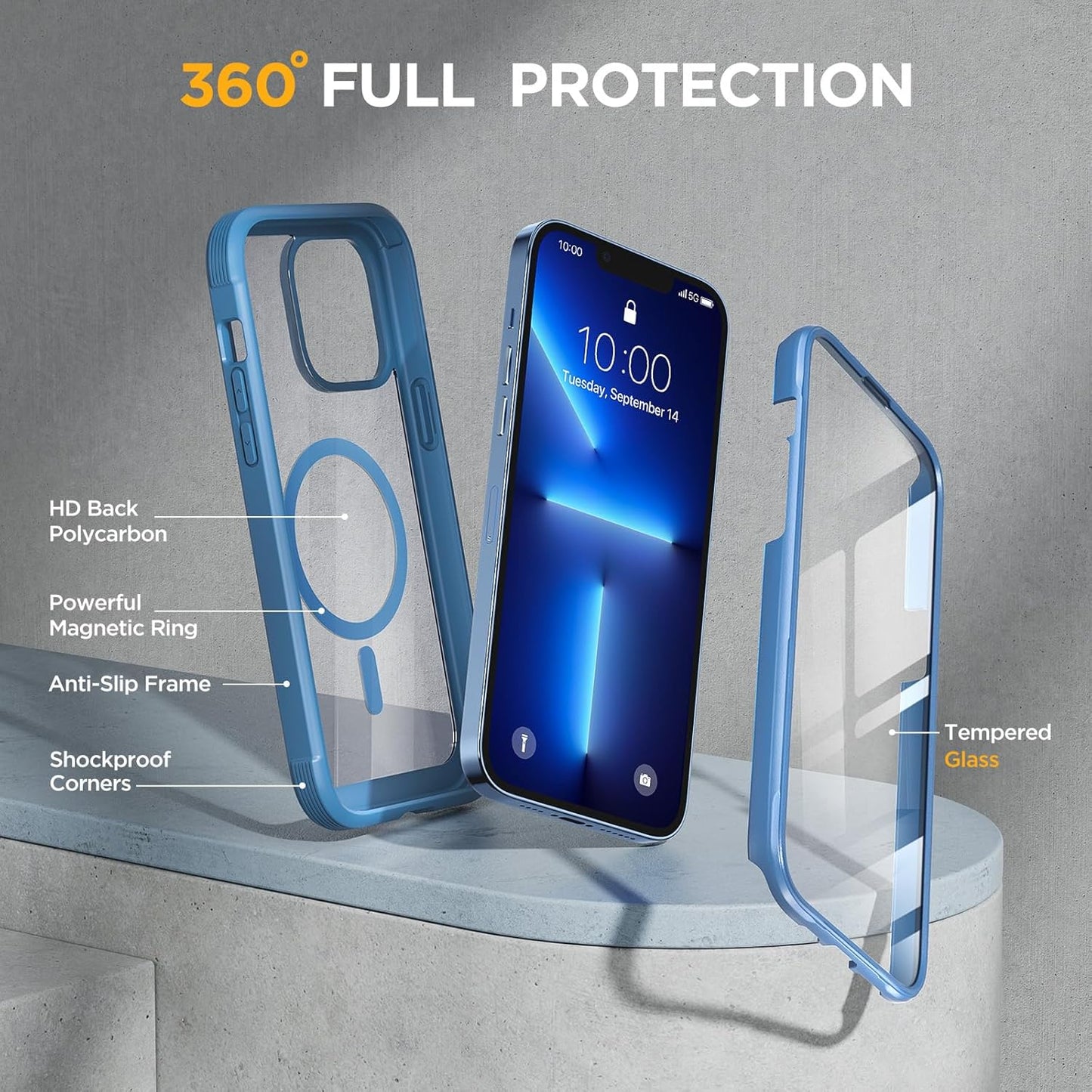 Miracase Magnetic Glass for iPhone 13 Pro Case,Compatible with MagSafe,Full-Body Protection Bumper with Shockproof Military-Grade,Built-in 9H Tempered Glass Screen Protector,Capri Blue