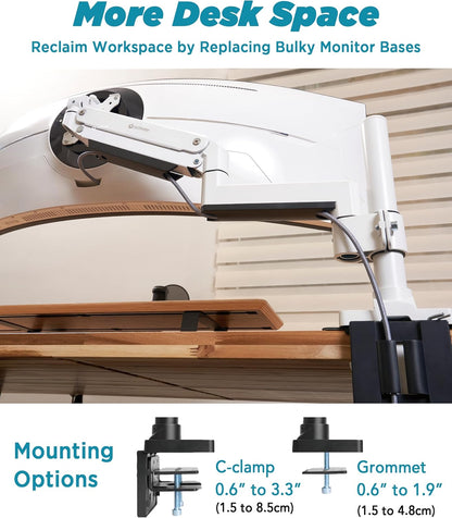 Heavy Duty Monitor Arm for Ultrawide Monitors up to 57" and 44 lbs, Single Desk Stand, Pneumatic Height Adjustable, Modular Extension Arms - Max VESA 100x100, White, MA20PW-S