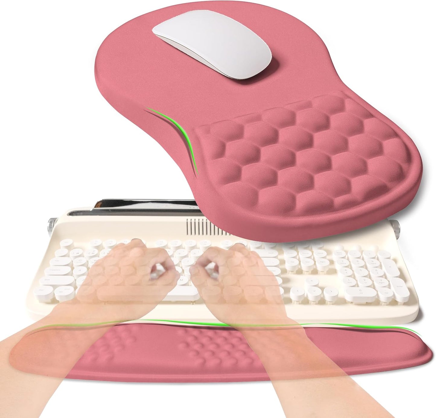 2-in-1 Ergonomic Set, Wave Rise Keyboard Wrist Rest and Massage Bulge Slope Mouse Pad Wrist Support, Cushion Memory Foam Integrated to Relieve Wrist Pain, Muskmelon Pink
