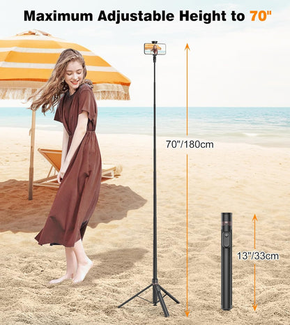 TONEOF 70" Automatic Phone Tripod with Magnetic Rechargable Remote,Selfie Stick 360° Vertical & Horizontal Rotatable,Stable for iPhone/Android(Black)